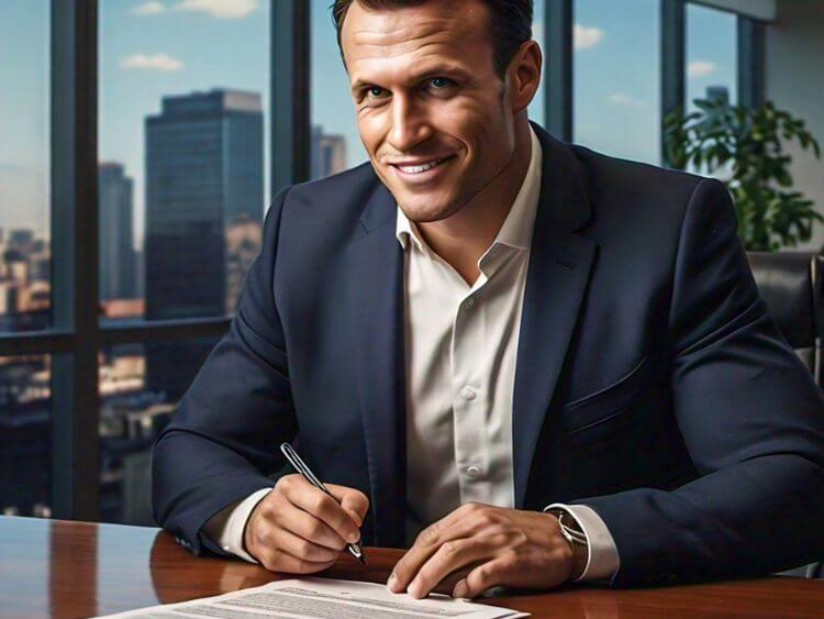 A business owner confidently signing an investment contract, symbolizing strategic decision-making